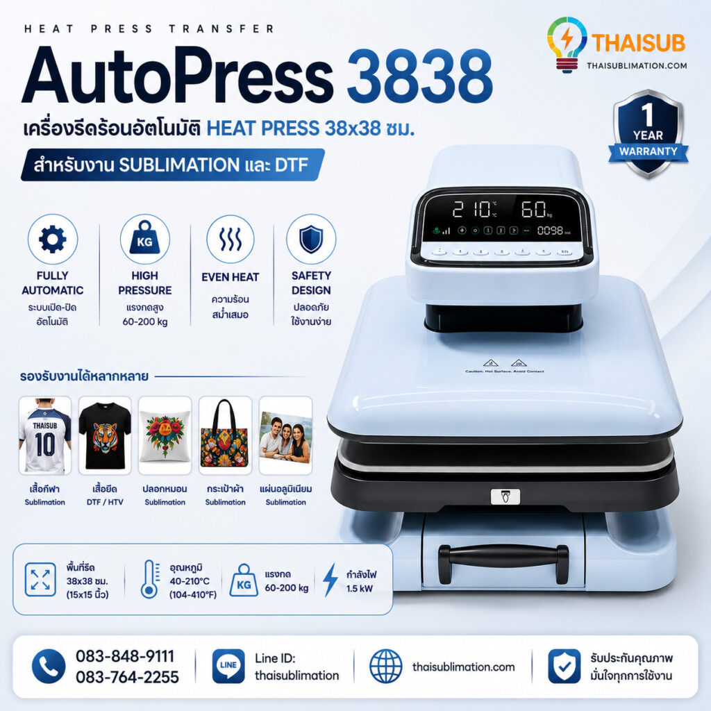 AutoPress 3838 เครื่องรีดร้อนอัตโนมัติ 38x38 ซม. สำหรับ Sublimation และ DTF